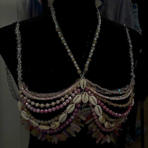 Hand beaded pink and nude diamond shell bralette top